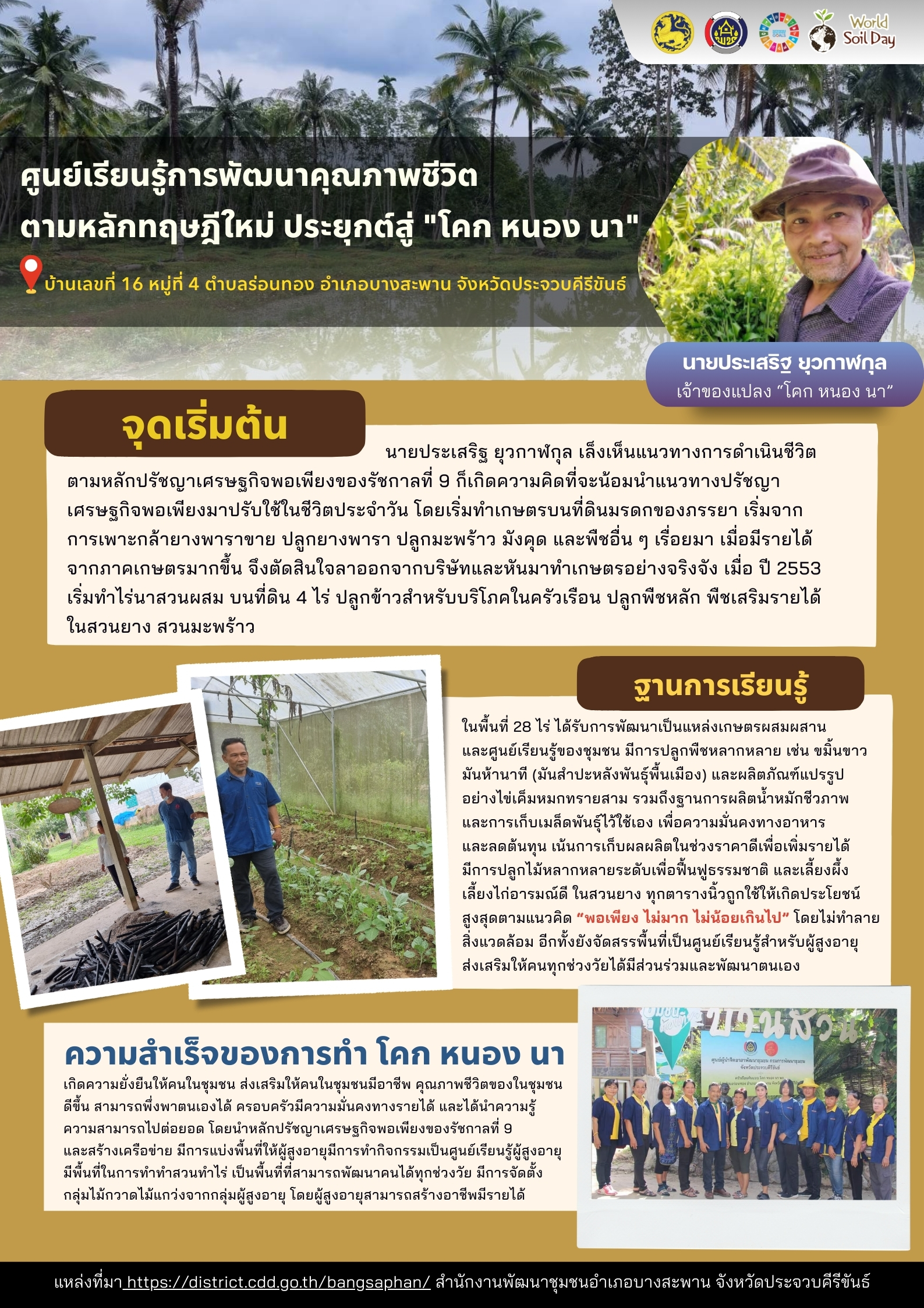 ตัวอย่างความสำเร็จการพัฒนาพื้นที่ต้นแบบการพัฒนาคุณภาพชีวิตตามหลักทฤษฎีใหม่ ประยุกต์สู่ "โคก หนอง นา" แปลงนายประเสริฐ ยุวกาฬกุล ต.ร่อนทอง อ.บางสะพาน จ.ประจวบคีรีขันธ์