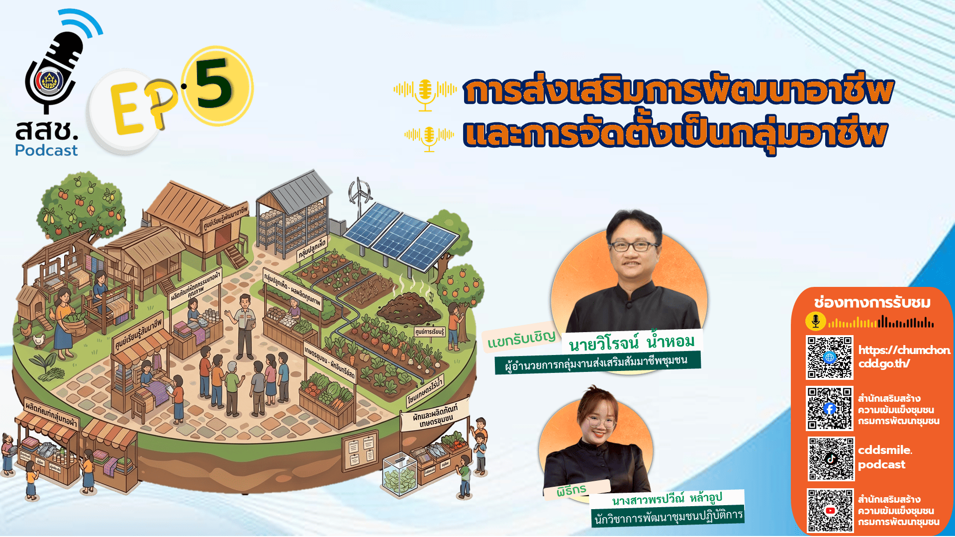 สสช. Podcast | EP.5 การส่งเสริมการพัฒนาอาชีพและการจัดตั้งเป็นกลุ่มอาชีพ 